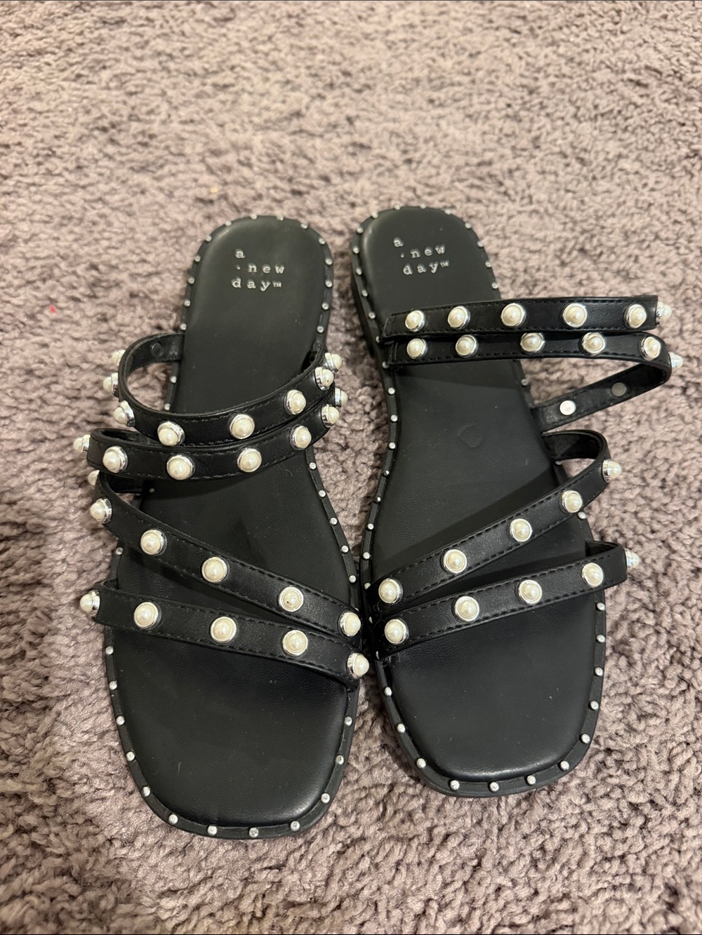 a new day Black Pearl-Accent Strappy Slide Sandals